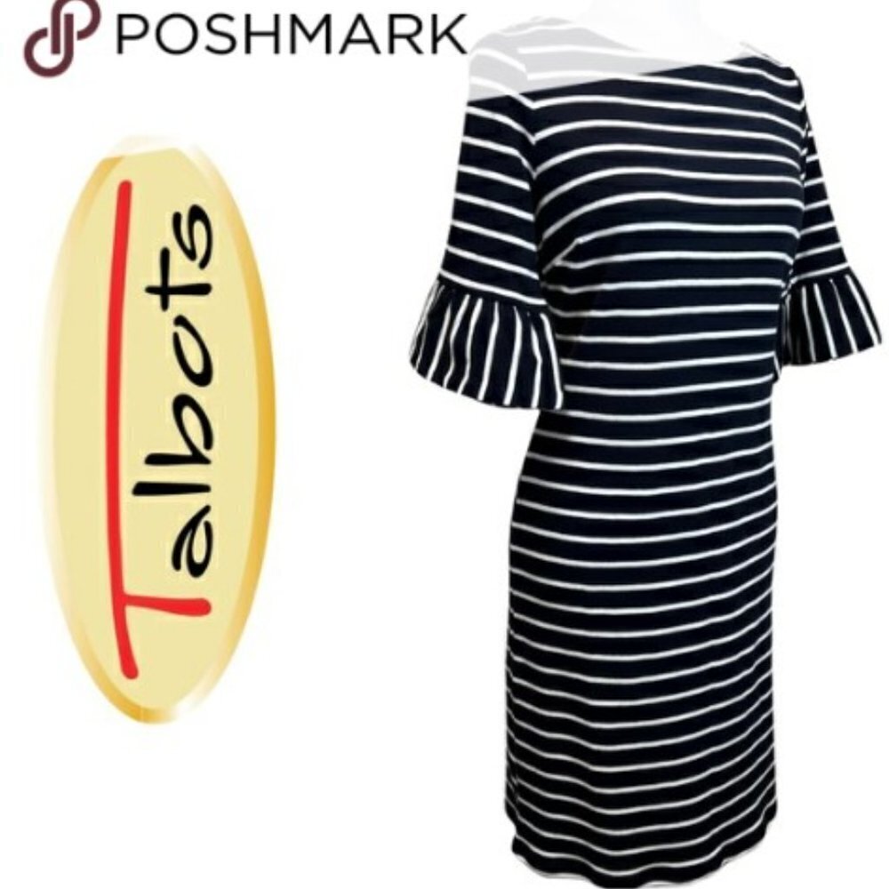 TALBOTS navy/white nautical stripe trumpet sleeve 100% cotton knit dress size 12